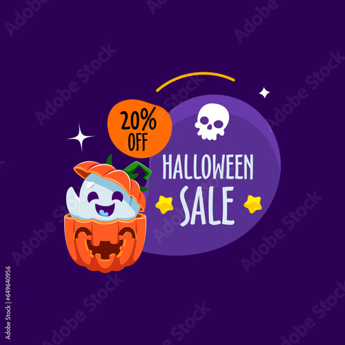 Halloween holiday kawaii ghost character peek out from pumpkin and skull on amoeba blob. Promotional sale badge, tag or banner for seasonal discount event with funny, playful, friendly peeking spook