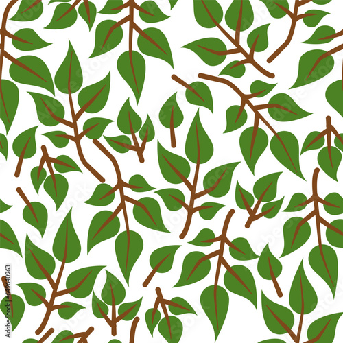 Seamless pattern with dark green leaves and branches on a white background, nature wallpaper, print, textile, wrapping.