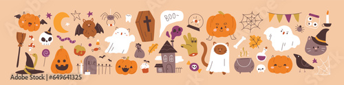 Cute kids Halloween set. Happy pumpkin, funny cat character, creepy ghost, sk...