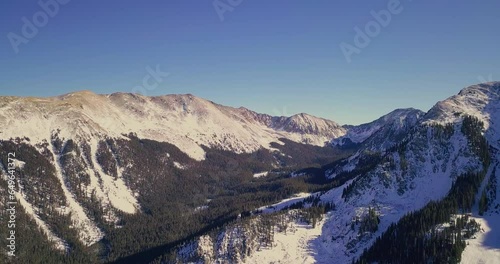 Rockies Mountain Range with valley of pines, Taos Ski Valley, Kachina Peak, Trees, 4K Drone Aerial photo