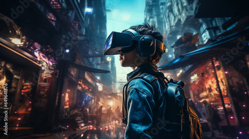 Young boy wearing a vr headset and a back pack in a street of futuristic city