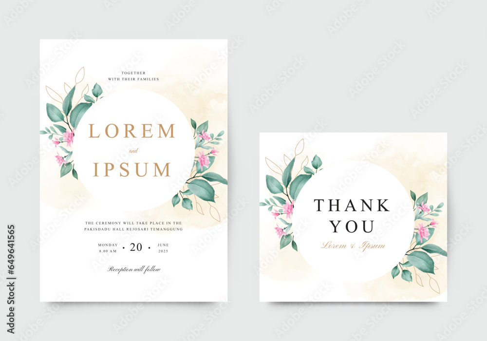 Wedding invitation and thank you card templates with beautiful watercolor florals