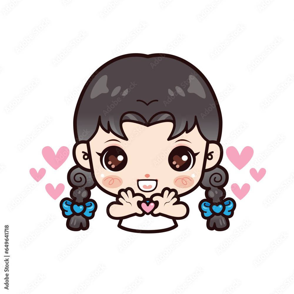 Cute Asian Girl Student Hand Love Heart Sign Gesture, Vector illustration