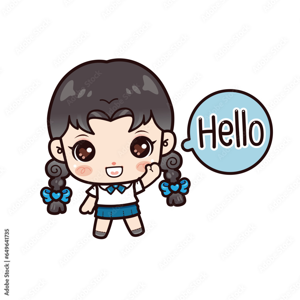 Student girl say Hello, cartoon illustration Student girl say Hello, cartoon illustration