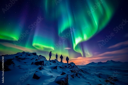 Northern Lights Expedition: Hiking Under the Aurora in Lapland's Snowy Wonderland. Chasing the Arctic Glow. Stunning Aurora Borealis photo