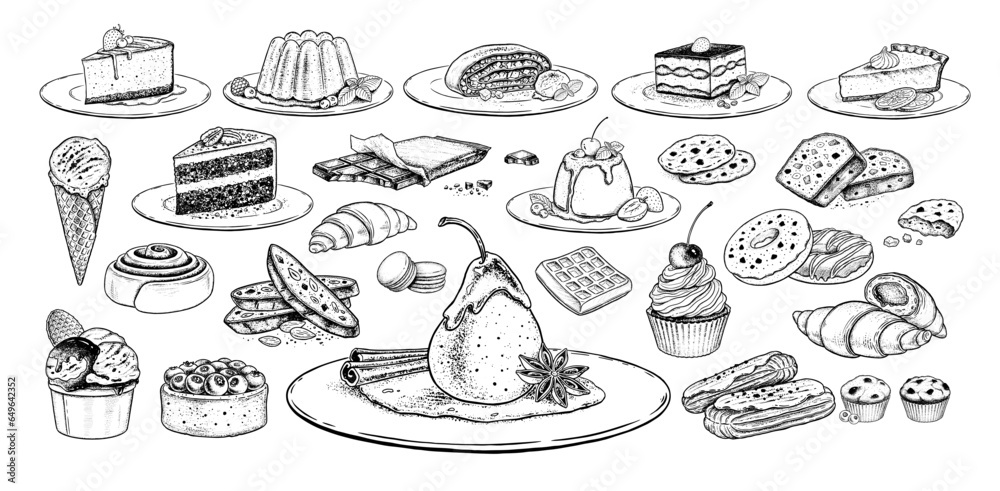 Sketch icons vintage vector illustrations collection of desserts and bakery