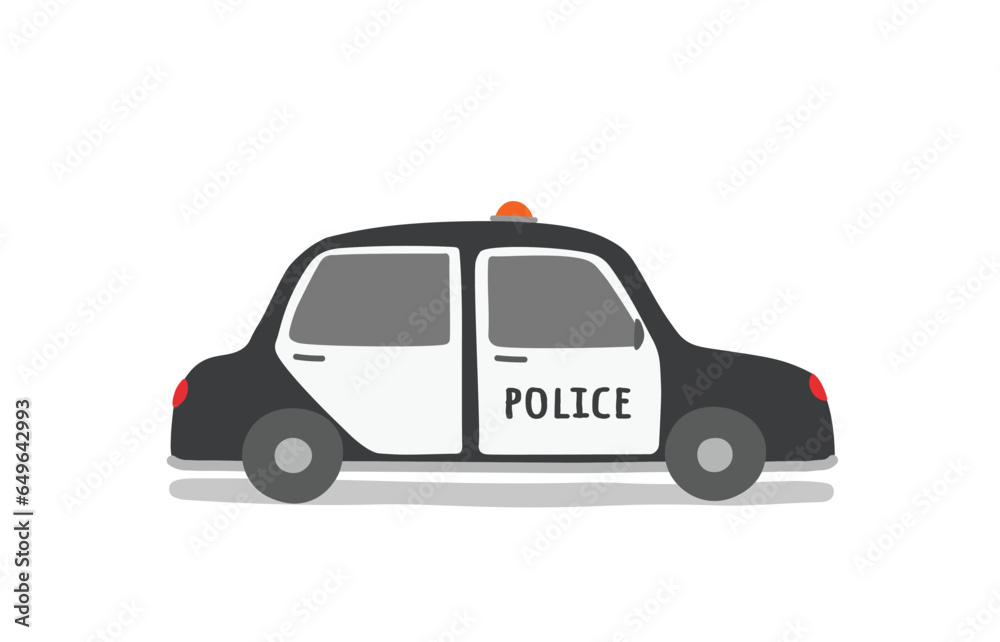 Simple cartoon police car illustration flat vector. Hand drawn specialty vehicles icon. Transportation element in kid drawing style.