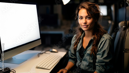 Portrait of a beautiful girl against the background of an office room with a computer. Professions concept