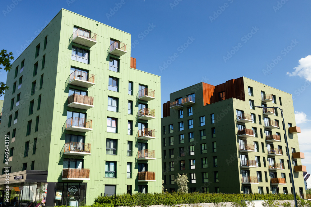 Modern apartment buildings exteriors in sunny day. High quality photo