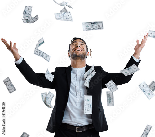 Quadro su tela Happy businessman, money rain and celebration for winning or lottery isolated on a transparent PNG background