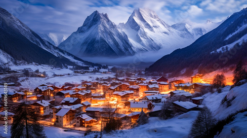 High-altitude capture of an alpine village blanketed in snow with twinkling lights.