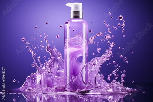 Purple shampoo splashing out of the bottle isolated on a gradient background  photo