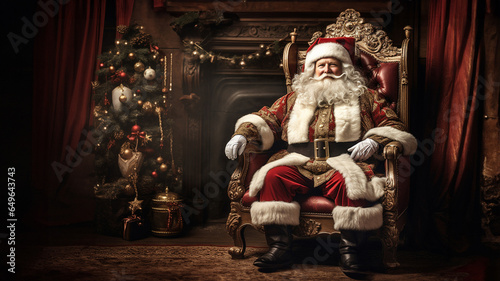 Santa Claus relaxes on a lavish leather sofa amidst a Christmas-themed room, complete with a tree and gifts, bathed in cozy tungsten light. Generative AI.