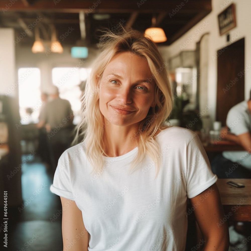pretty white woman model in white t-shirt smiling in restaurant or bar, indoors, pretty white woman model in white t-shirt smiling in restaurant or bar, indoors,