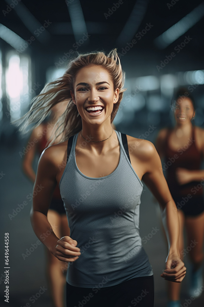 A sporty female fitness model runs and smiles. she is wearing sportswear. looks at the camera