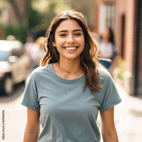 pretty white woman in white t-shirt meadow strretscape, outdoors photo