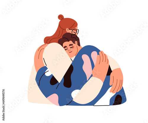 Couple hugging, embracing with love, support. Young man and woman accepting, trusting, caring and comforting. Happy family, people cuddling. Flat vector illustration isolated on white background