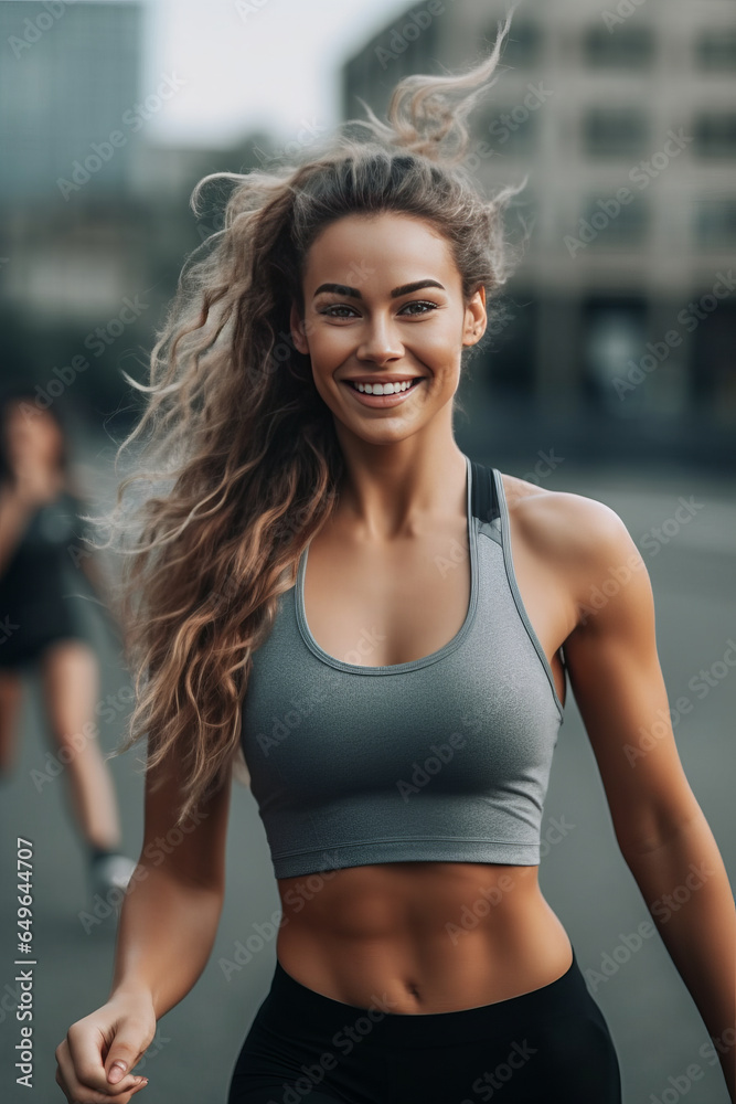 A sporty female fitness model runs and smiles. she is wearing sportswear. looks at the camera