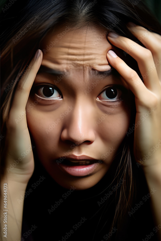 A very close up of the face of a worried asian woman holding her head.