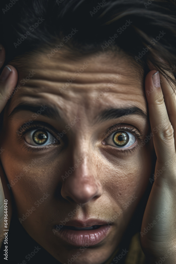 A very close up of the face of a worried woman holding her head.