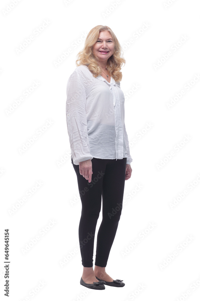 happy mature woman in a new blouse striding forward. happy mature woman in a new blouse striding forward.