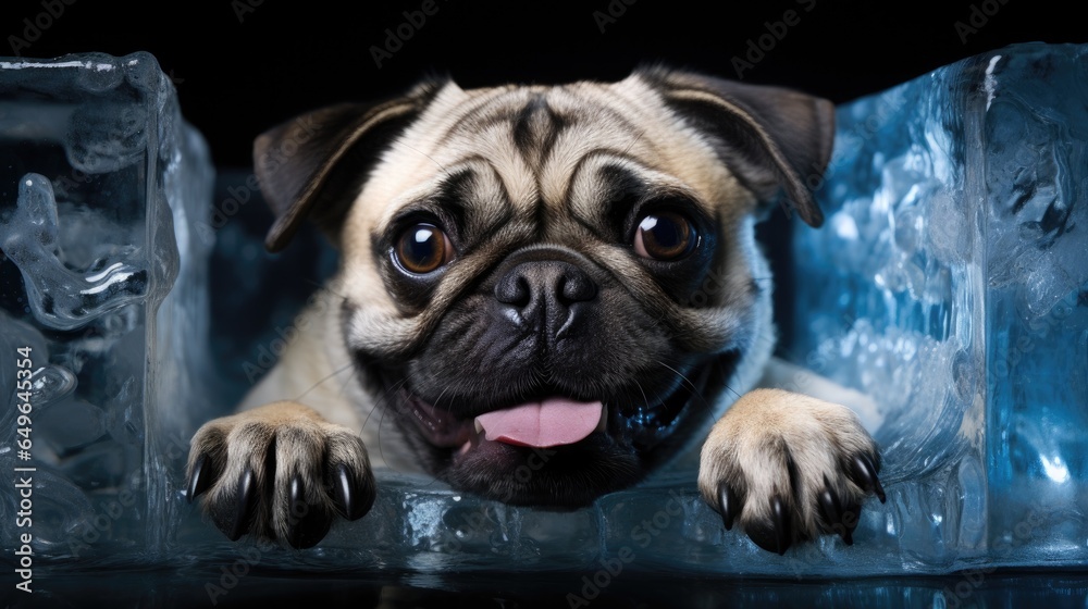 Closeup portrait of a happy and funny pug dog sitting between ice cubes on a black background