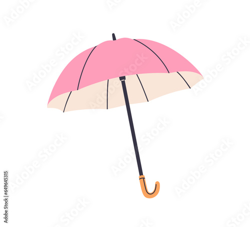 Open unfolded straight walking umbrella with long J-stick handle. Rainy weath...
