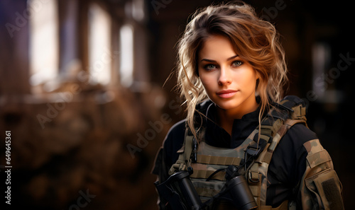 Portrait of a beautiful girl in military uniform. Professions concept