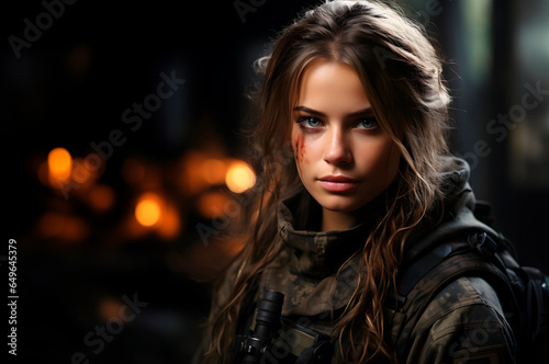 Portrait of a beautiful girl in military uniform. Professions concept