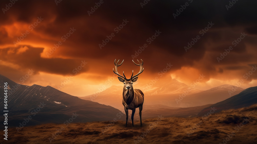 Dramatic sunset with beautiful sky and red deer stag looking strong and proud.generative ai