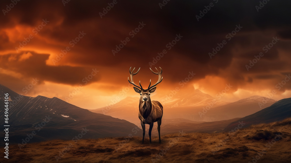Dramatic sunset with beautiful sky and red deer stag looking strong and proud.generative ai Dramatic sunset with beautiful sky and red deer stag looking strong and proud.generative ai