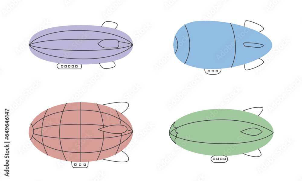 Fototapeta premium Set of airships in doodle style. Vintage transport.