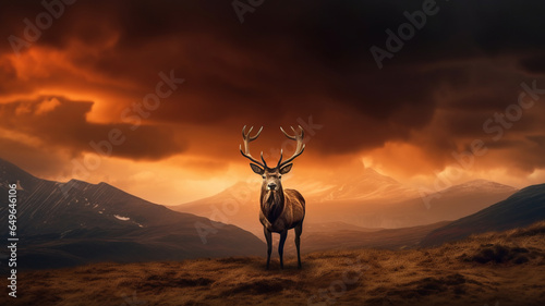 Dramatic sunset with beautiful sky and red deer stag looking strong and proud.generative ai © JKLoma