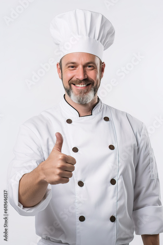 chef in uniform smiling showing thumb up
