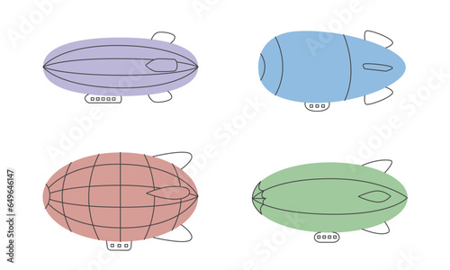 Set of airships in doodle style. Vintage transport.