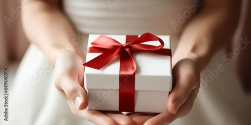 Gift box with beautiful red ribbon bow in female hands .generative ai photo