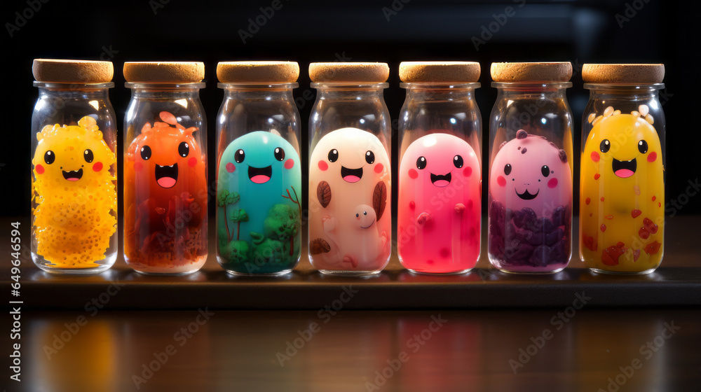 Bottles with monsters with different emotions. Awareness of perception and cognitive processing emotions  - obrazy, fototapety, plakaty 