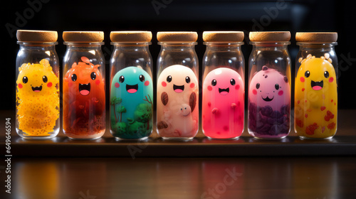 Bottles with monsters with different emotions. Awareness of perception and cognitive processing emotions 