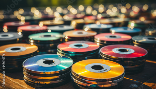 old school cd's in retro bright pastel colors yellow and blue background.