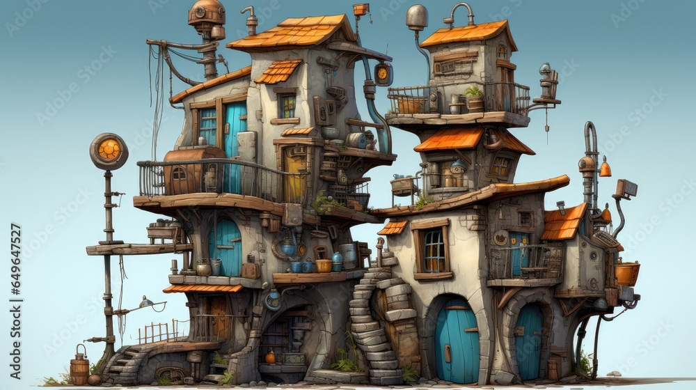 a city block with a dollhouse and stone stairs, in the style of gothic steampunk, colorful