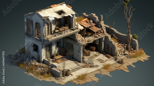 an abandoned ancient greek house, trumbledown, during apocalypse, perished, ruined, damaged, mouldered, isometric view photo