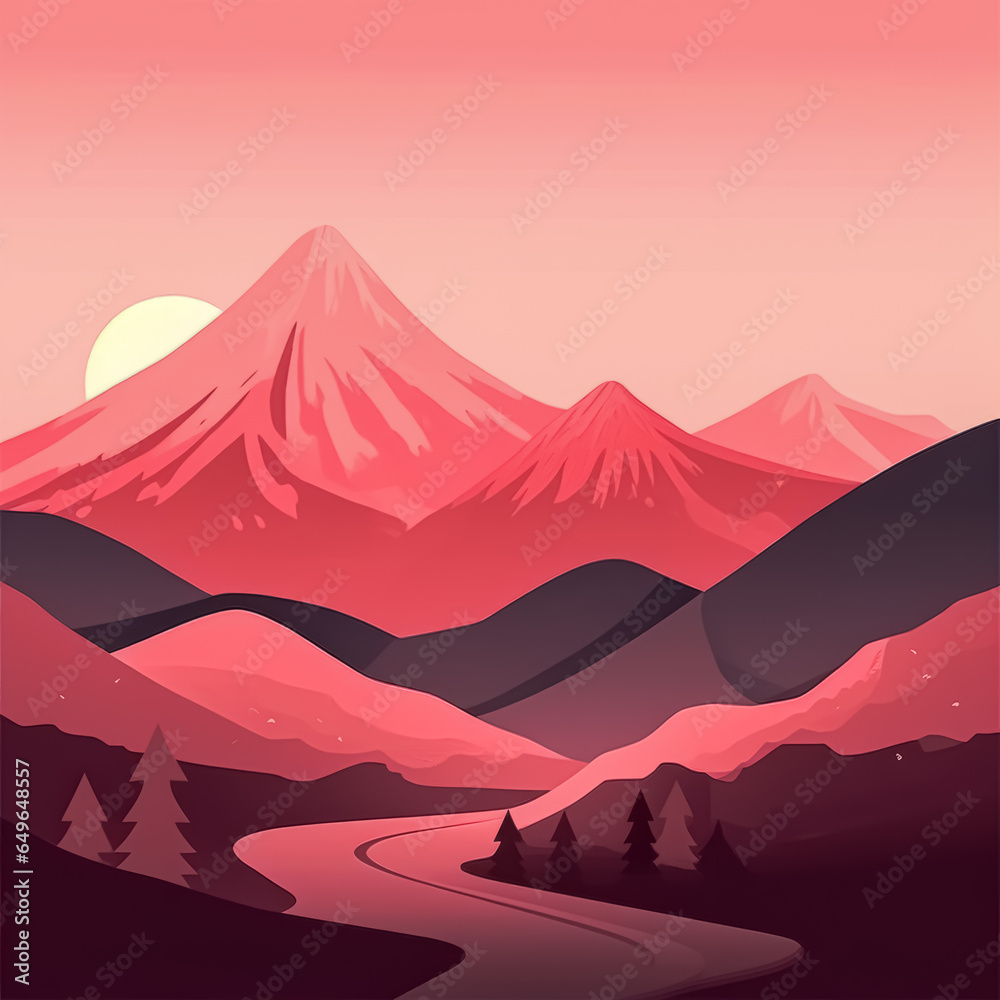 Flat style abstract minimalistic aesthetic mountains landscape background. Pink color shades.