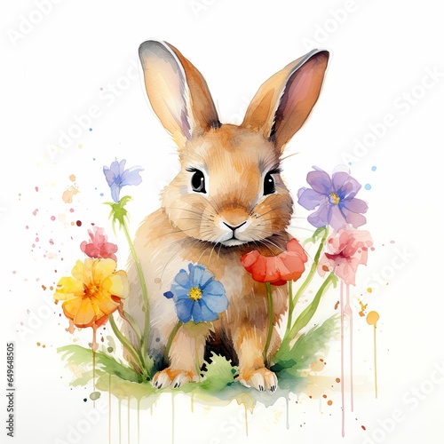 Watercolor rabbit and flowers, rabbit holding flowers, rabbit watercolor clipart, Easter rabbit and flowers, rabbit clipart for children, handbook material, cute rabbit watercolor painting
