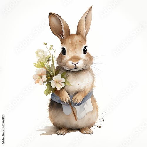 Watercolor rabbit and flowers, rabbit holding flowers, rabbit watercolor clipart, Easter rabbit and flowers, rabbit clipart for children, handbook material, cute rabbit watercolor painting