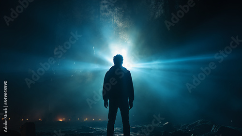 silhouette of a guy  a man view from the back against a background of blue fog and rays of light  a fictional character computer graphics