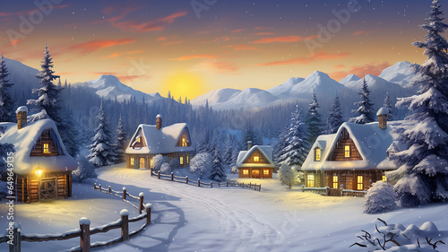 Christmas. new year card illustration winter landscape small houses in the snow, postcard winter view abstract small town or village © kichigin19