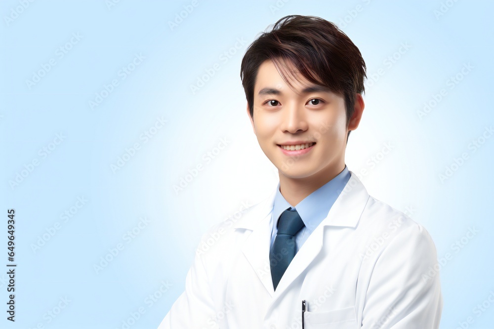 Portrait of young Asian male doctor on blue background. empty space Portrait of young Asian male doctor on blue background. empty space