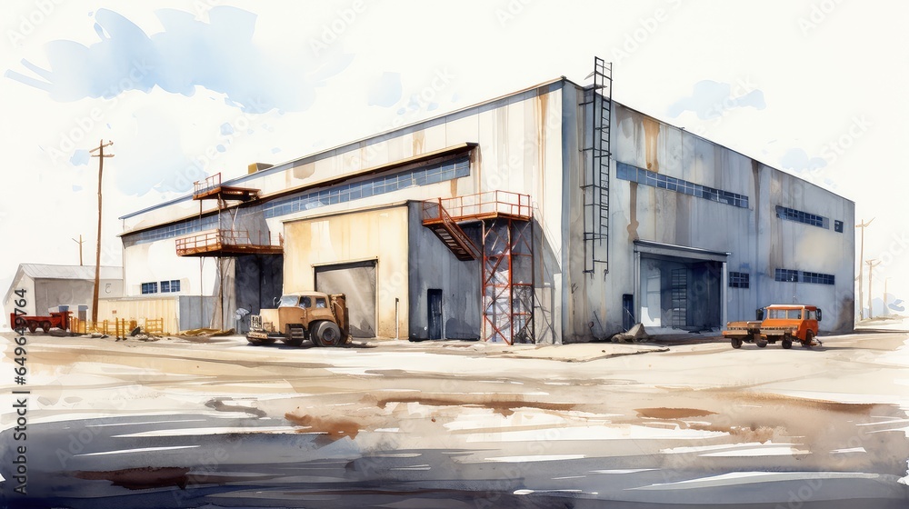 Obraz premium Industrial warehouse watercolor illustration - Generative AI.