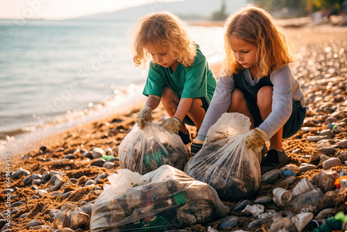 Children collecting garbage and plastic from the beach