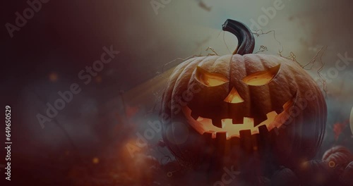 Spooky Night Halloween Banner with Pumpkins - Halloween Animation. Helloween season with Scary carved halloween pumpkin.	